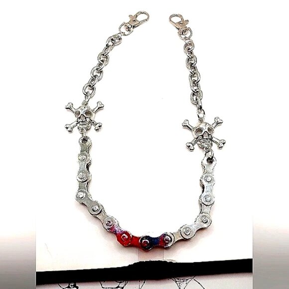 Skull and Crossbones Bike Chain Pants Or Wallet Chain 16 " Silver Tone - Picture 1 of 10